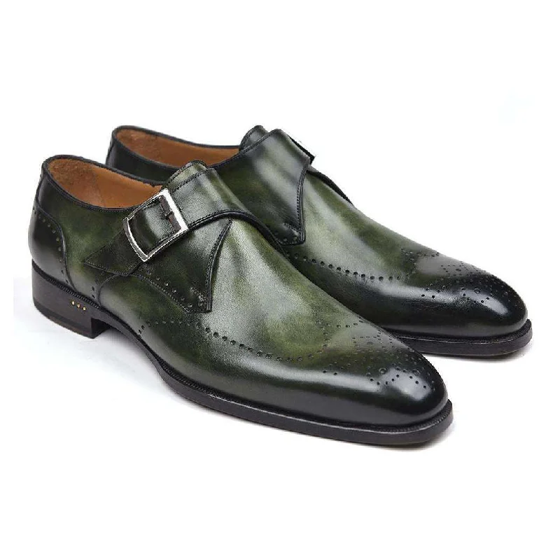 Loafers for summer events-Paul Parkman Handmade Designer Shoes Men's Wingtip Single Monkstraps Green Loafers (PM5513)