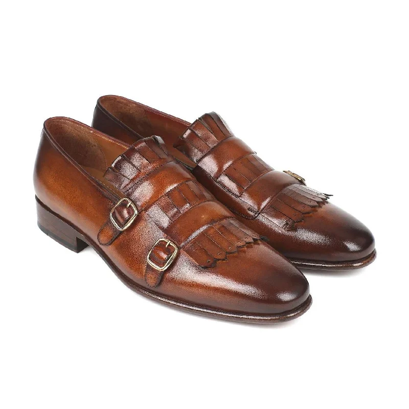 Loafers for long travels-Paul Parkman Handmade Designer Shoes Men's Brown Double Monkstraped Calfskin Loafers ST37VF (PM5716)