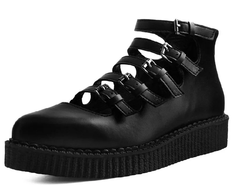 Mary Jane shoes with snug soles-TUK A9417L Black TUKskin™ Multi-Strap Pointed Mary Jane Creeper