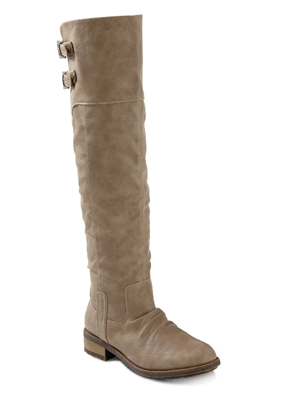 breathable work boots-Buckle Knee-High Boots - Taupe