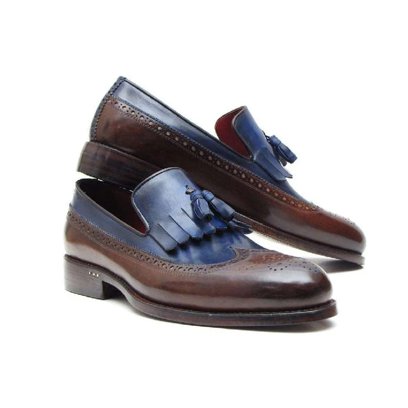 Loafers for long shifts-Paul Parkman Handmade Designer Shoes Men's Handmade Designer Shoes Kiltie Tassel Brown Navy Loafers (PM5202)