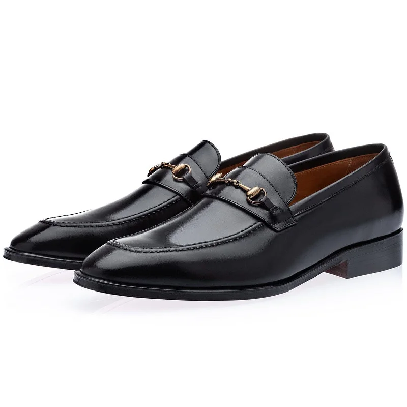 Loafers with quick slip-on-SUPERGLAMOUROUS Elmoro Vintage Men's Shoes Black Calf-Skin Leather Horsebit Loafers (SPGM1300)