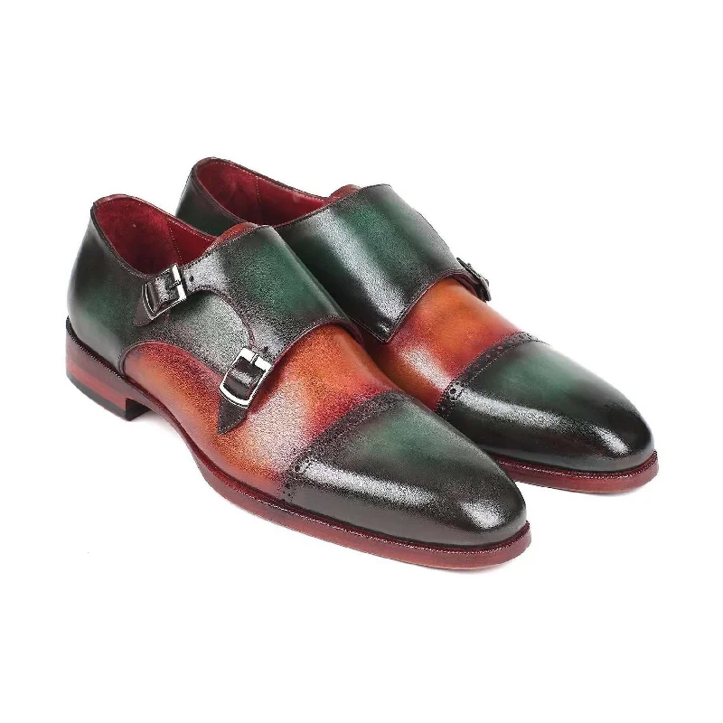 Loafers for night strolls-Paul Parkman Handmade Designer Shoes Men's Green & Camel Calf-skin Leather Captoe Double Monkstrap Loafers 045GC61 (PM5916)