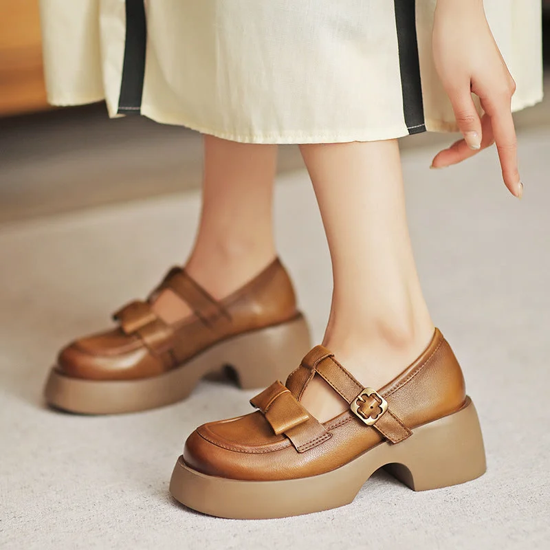 Casual shoes with plush lining -Women Retro Leather Solid Chunky Casual Shoes