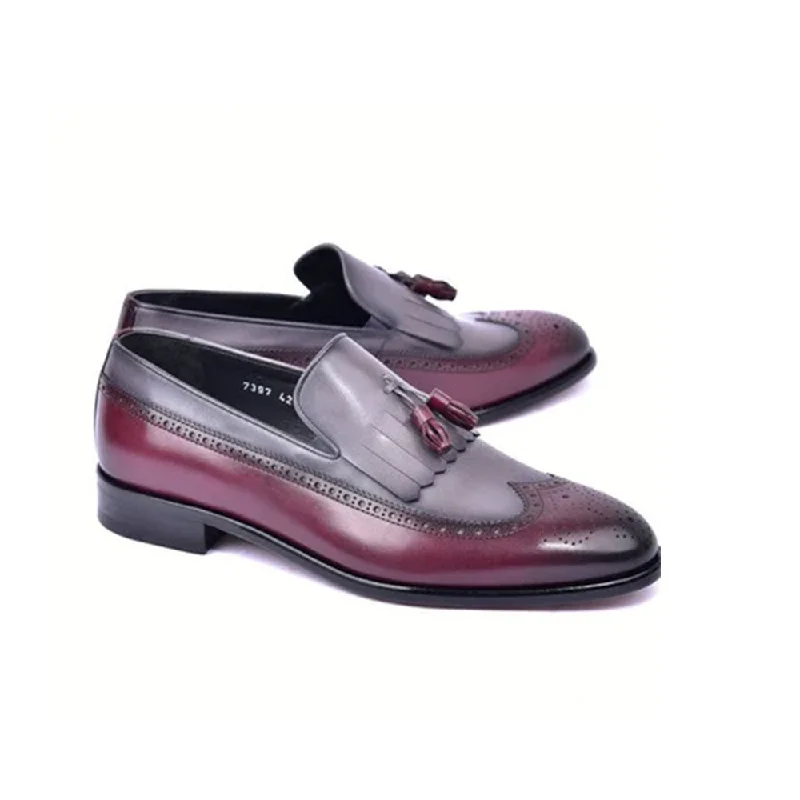 Loafers with slip-on convenience-Corrente C00018-7397 Men's Shoes Burgundy & Gray Calf-Skin Leather Wingtip Kiltie tassels Loafers (CRT1493)