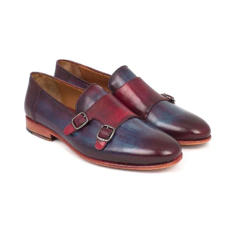 Loafers with comfy padding-Paul Parkman Handmade Designer Shoes Men's Handmade Designer Shoes Double Monkstrap Burgundy Navy Loafers (PM5211)