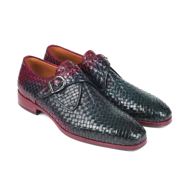 Loafers for minimalist wardrobes-Paul Parkman Handmade Designer Shoes Men's Purple & Green Woven Calf-skin Leather Monkstraps Loafers 011WN28 (PM5908)