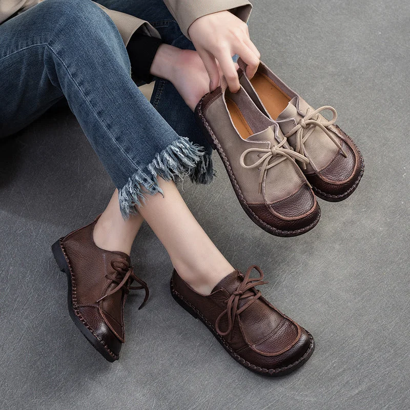 Casual shoes with stylish sole -Women Retro Soft Leather Flat Casual Shoes