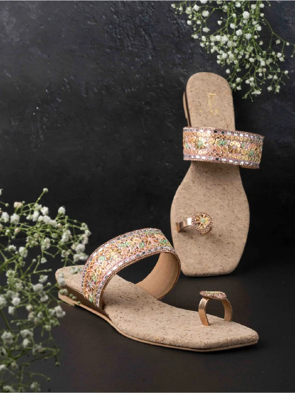 best flats for affordability-Womens Rose Gold Ethnic Embellished Square Flats