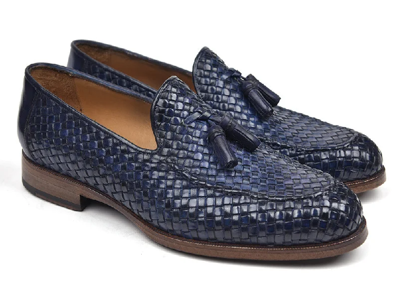 Loafers with minimal hues-Paul Parkman Navy Woven Leather Loafers