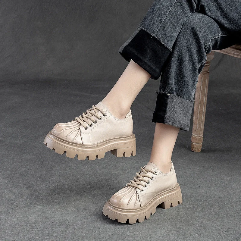 Casual shoes with canvas upper -Women Retro Leather Thick Lug Soled Casual Shoes