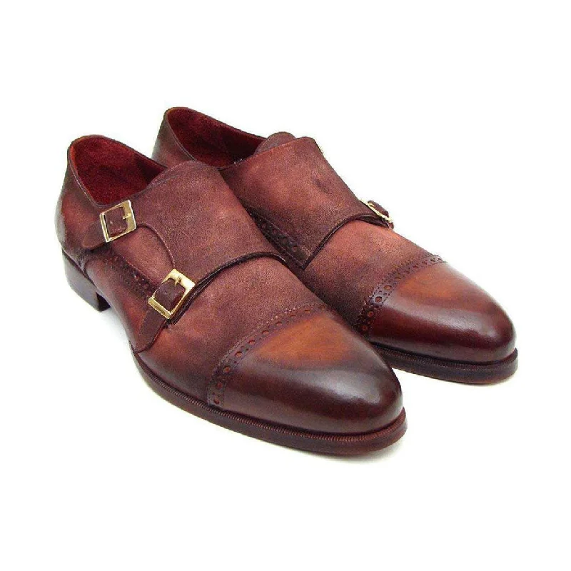 Loafers for short trips-Paul Parkman Handmade Designer Shoes Men's Handmade Designer Shoes Captoe Double Monkstraps Suede Antique Brown Loafers (PM4025)