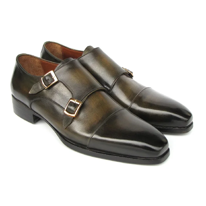 Loafers with refined hues-Paul Parkman 9468-GRN Men's Shoes Green Calf-Skin Leather Monk-Straps Loafers (PM6416)