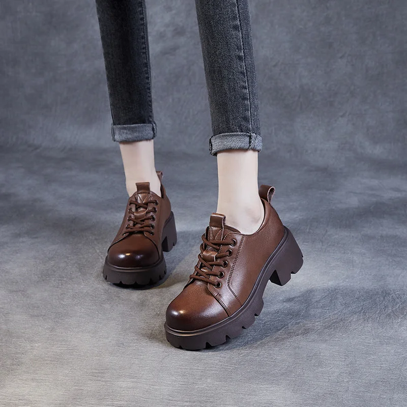 Casual shoes for rainy days -Women Retro Minimalist Leather Chunky Heel Casual Shoes