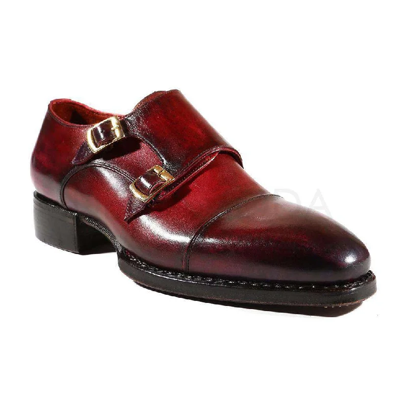 Loafers for travel ease-Paul Parkman Handmade Designer Shoes Men's Designer Shoes Triple Leather Sole Hand-Welted Cap Toe Monkstraps Purple & Burgundy Loafers (PM2008)