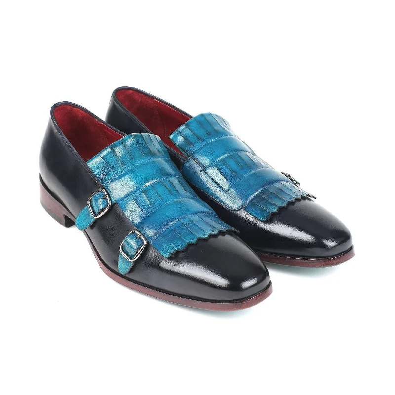 Loafers for casual evenings-Paul Parkman Handmade Designer Shoes Men's Blue & Navy Calf-skin Leather Kiltie Double Monkstrap Loafers ST17BLU (PM5906)