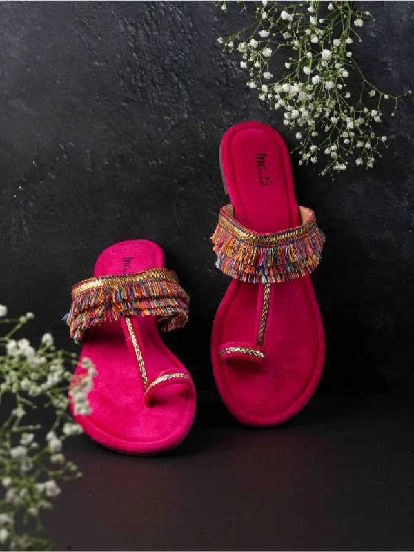 flats for city living-Womens Pink Ethnic Embellished Round Toe Flats