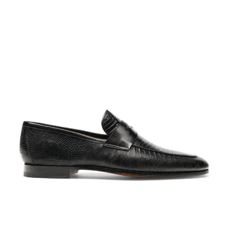 Loafers with soft soles-Magnanni Vicente 23257 Men's Shoes Black Exotic Genuine Lizard Skin Classic Penny Loafers (MAGS1102)