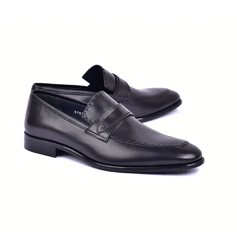 Loafers for long outings-Corrente C0436-6797 Men's Shoes Black Calf-Skin Leather Dress Loafers (CRT1479)