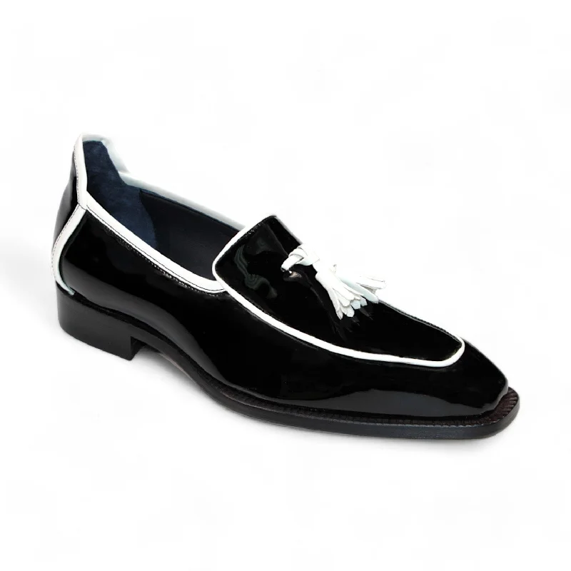 Loafers with sleek lines-Duca Fano Men's Shoes Black/White Patent Leather-Velvet, Leather Lining Formal Loafers (D1140)