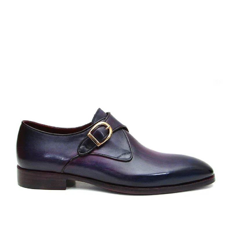 Loafers with plush soles-Paul Parkman Handmade Men's Designer Shoes Purple Calf-Skin Leather Single Monkstrap Loafers (PM1024)