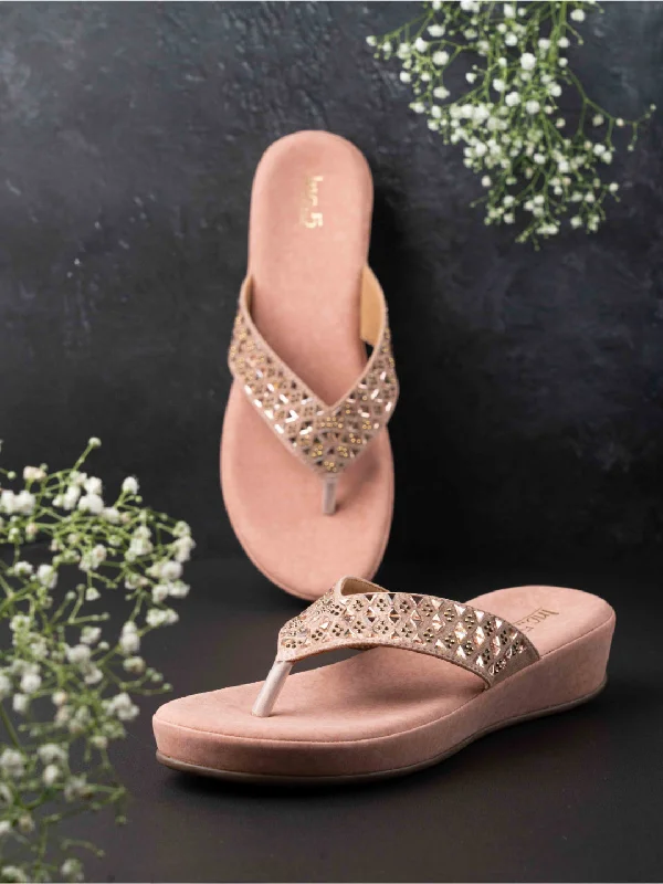 flats with modern decor-Womens Peach Casual Embellished Round Toe Comfort Flats