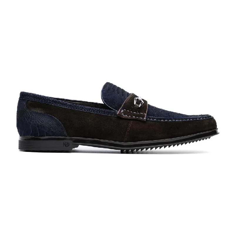 Loafers for casual days-Marco Di Milano Hugo Men's Shoes Navy & Brown Suede / Ostrich Leg Horsebit Loafers (MDM1060)