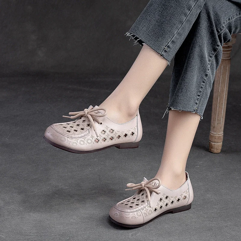 Casual shoes for street fashion -Women Summer Hollow Soft Leather Flat Casual Shoes