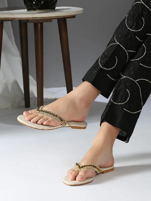 modern flats with pool-Womens Gold Ethnic Embellished Round Toe Flats