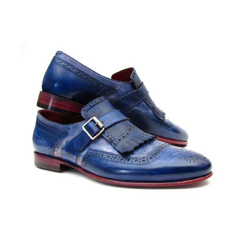 Loafers for summer nights-Paul Parkman Handmade Designer Shoes Men's Handmade Designer Shoes Kiltie Monkstrap Designer Shoes Dual Tone Blue Loafers (PM5201)