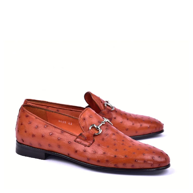 Loafers with firm hues-Corrente C02204 5405 Men's Shoes Rust Genuine Ostrich Bit Buckle Loafers (CRT1373)