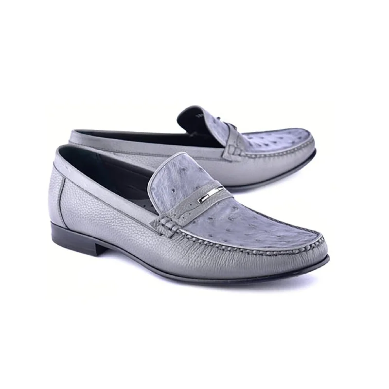 Loafers with cozy heels-Corrente C0014051-3898Ost Men's Shoes Gray Exotic Ostrich / Deer-Skin Moccasin Loafers (CRT1472)