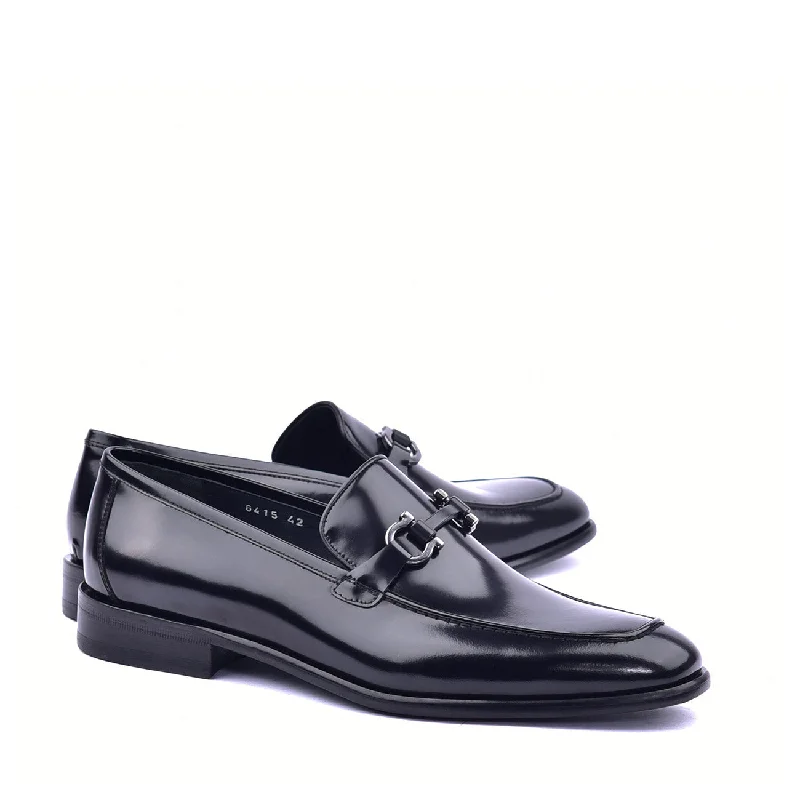 Loafers with quick vibes-Corrente C043 6415 Men's Shoes Black Calf Skin Leather High Gloss Buckle Loafers (CRT1367)