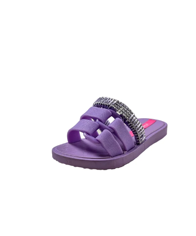 How to wear sandals with V-neck shirts-Purple Crystal And Satin Slides