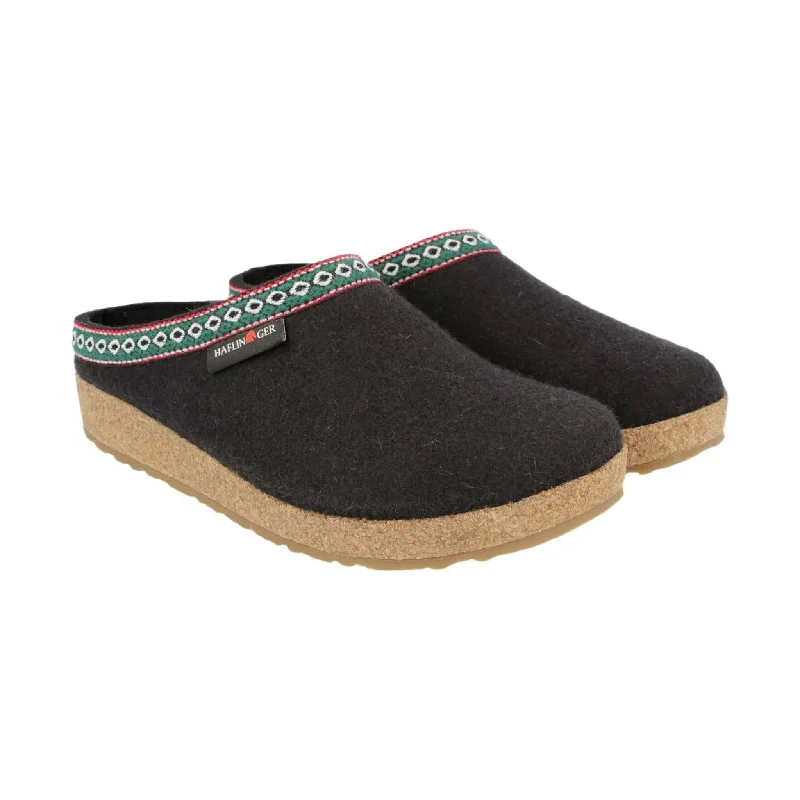 cotton home slippers-Haflinger Classic Wool Grizzly Clog - Black