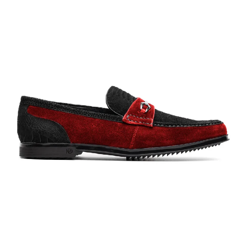 Loafers with chic comfort-Marco Di Milano Hugo Men's Shoes Black & Red Suede / Ostrich Leg Horsebit Loafers (MDM1065)