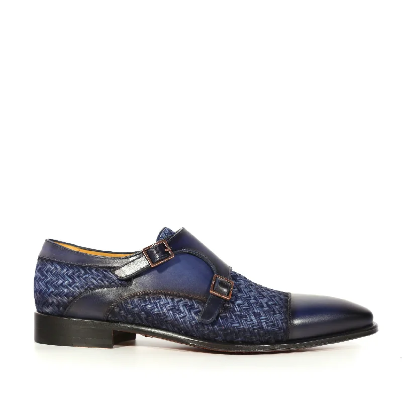 Loafers for summer charm-Mezlan Palomar 20688 Men's Shoes Blue Fabric / Calf-Skin Leather Dress/ Formal Monk-Straps Loafers (MZS3623)