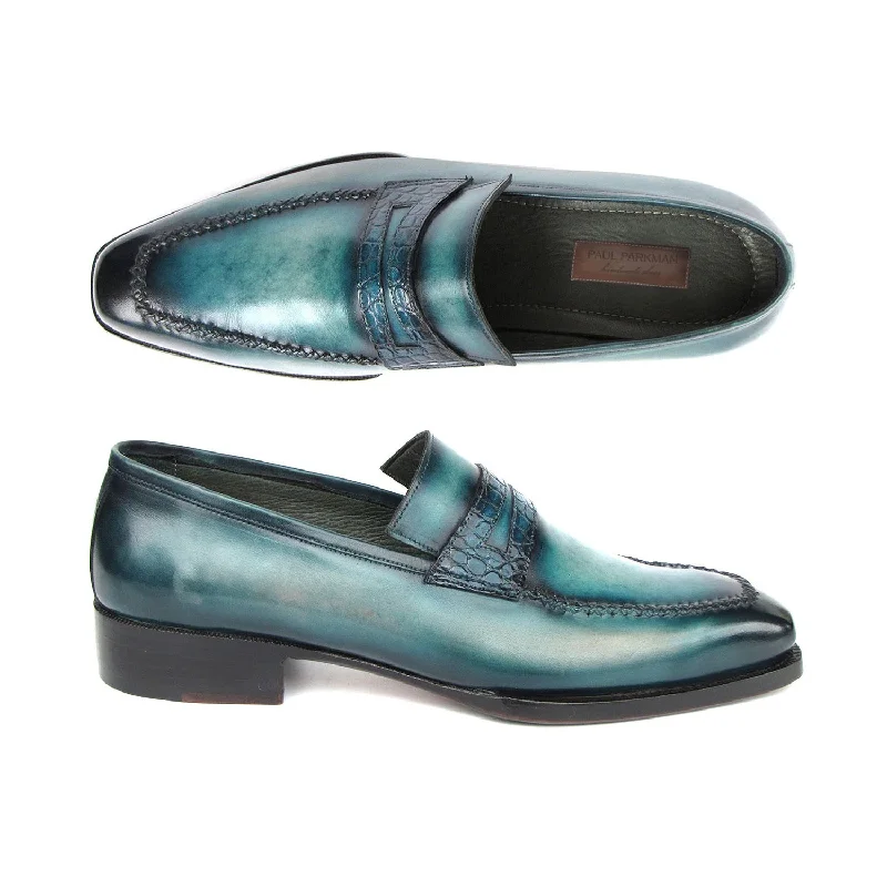 Loafers with tough vibes-Paul Parkman 944-TRQ Men's Shoes Tuiquoise Crocodile Print / Patina Leather Penny Loafers (PM6413)