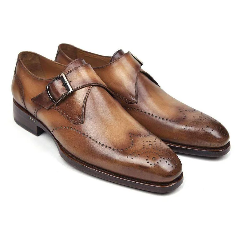 Loafers with lightweight soles-Paul Parkman Handmade Designer Shoes Men's Wingtip Single Monkstraps Brown & Camel Loafers (PM5512)