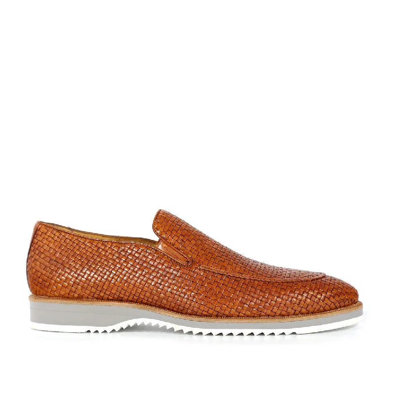 Loafers with vivid designs-Mezlan R20658 Men's Shoes Cognac Woven Leather Hybrid Loafers (MZS3619)