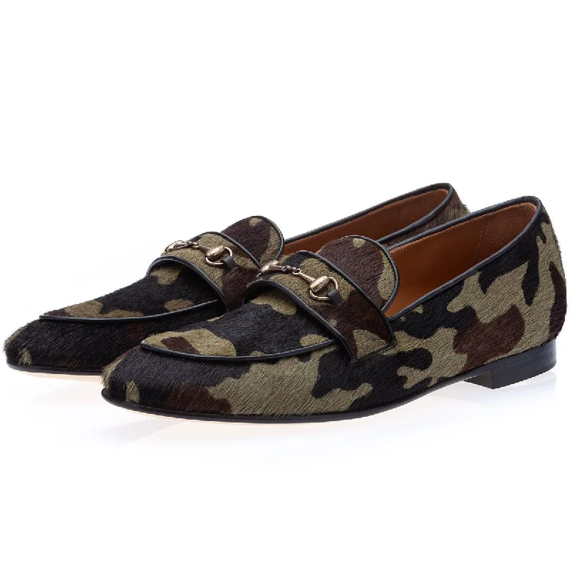 Loafers for fall fashion-SUPERGLAMOUROUS Morris Men's Shoes Green Camouflage Pony Slip-on Horsebit Loafers (SPGM1311)