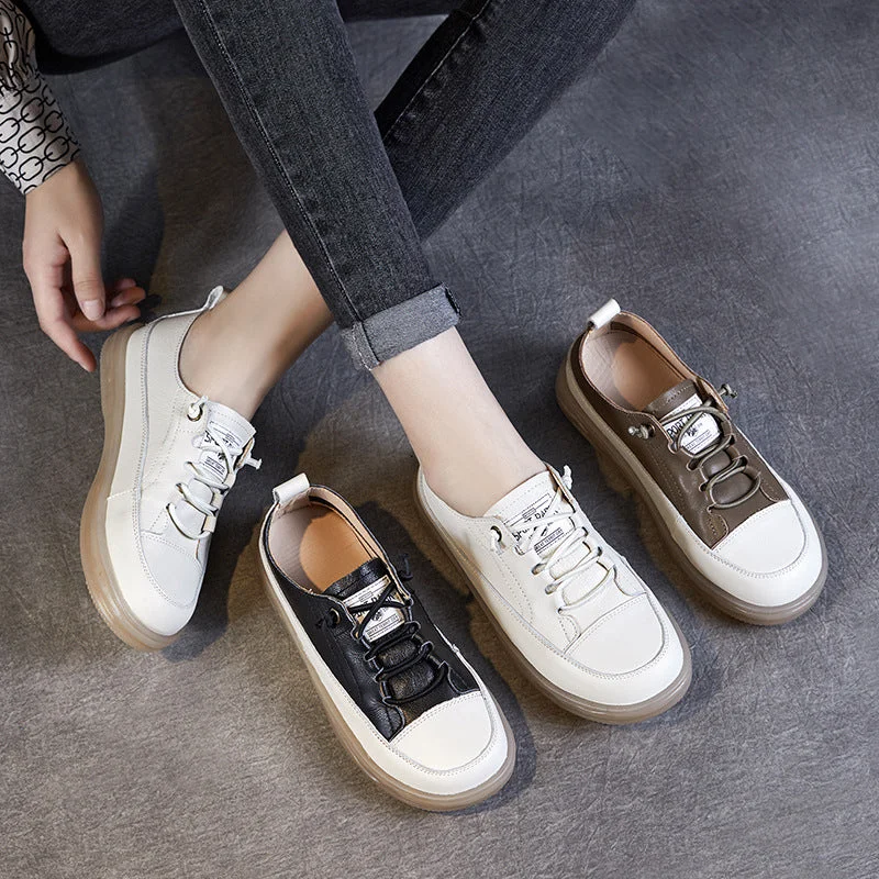 Casual shoes for relaxed ease -Women Leather Elastic Shoelaces Soft Flat Casual Shoes